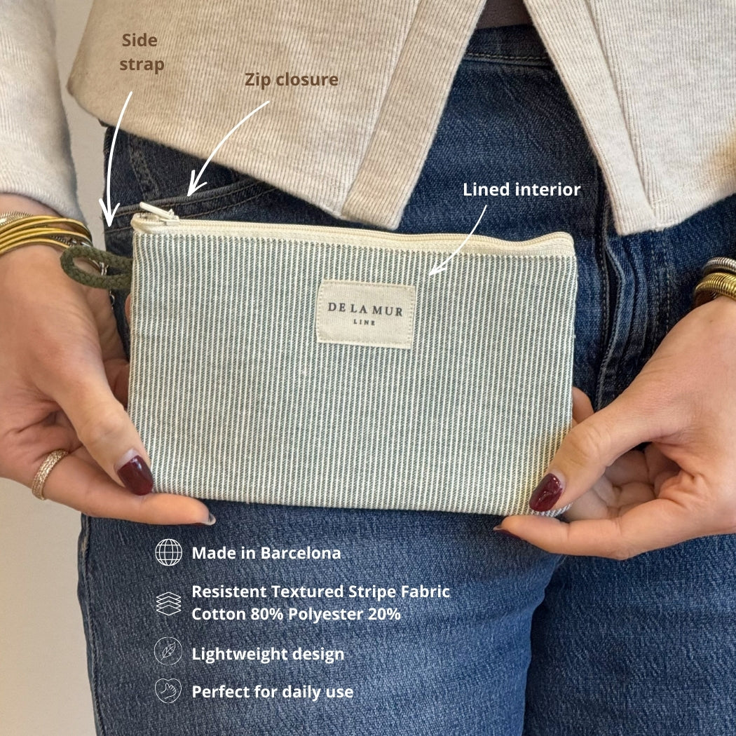 Hands holding DE LA MUR Teo striped pouch, infographic of strap, zip and interior