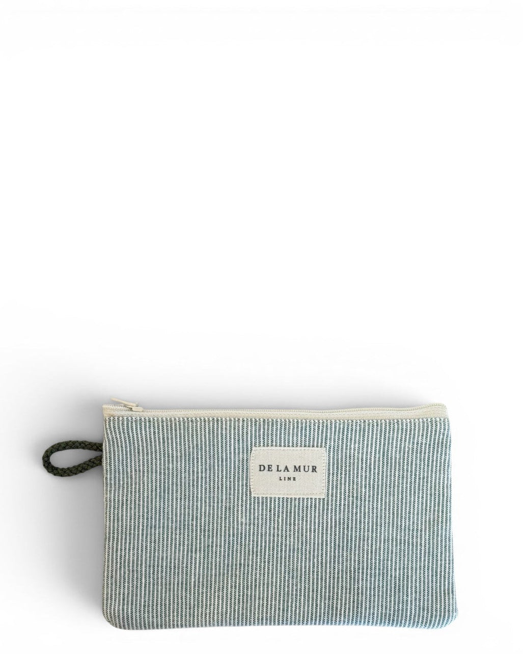 DE LA MUR Teo striped makeup bag in green and light green, front view