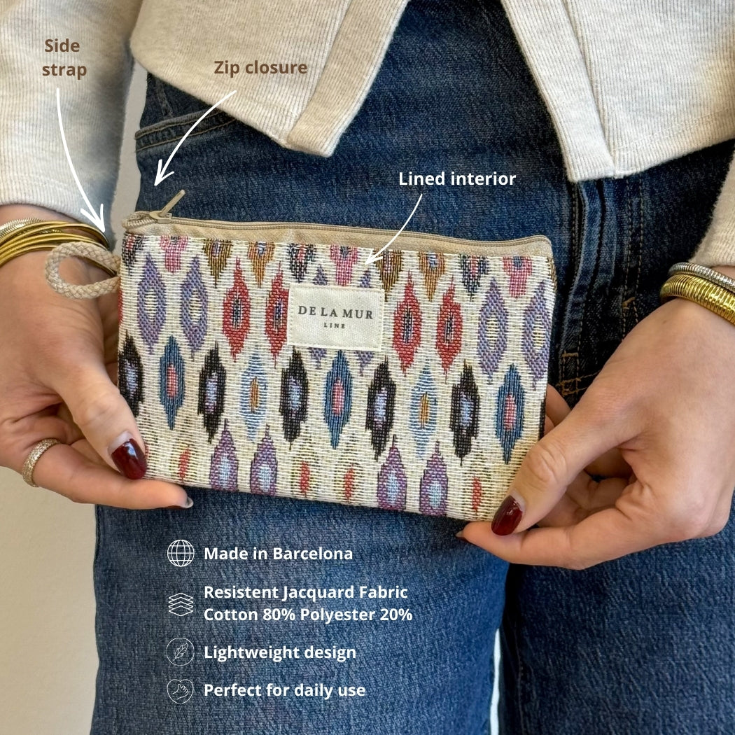 Model holding DE LA MUR Urban jacquard pouch, features and side strap labeled