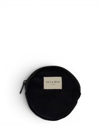 DE LA MUR Aza round coin purse in black woven fabric, front view