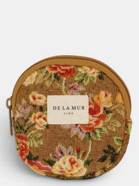 DE LA MUR Esme round coin purse in mustard and red floral jacquard, front view