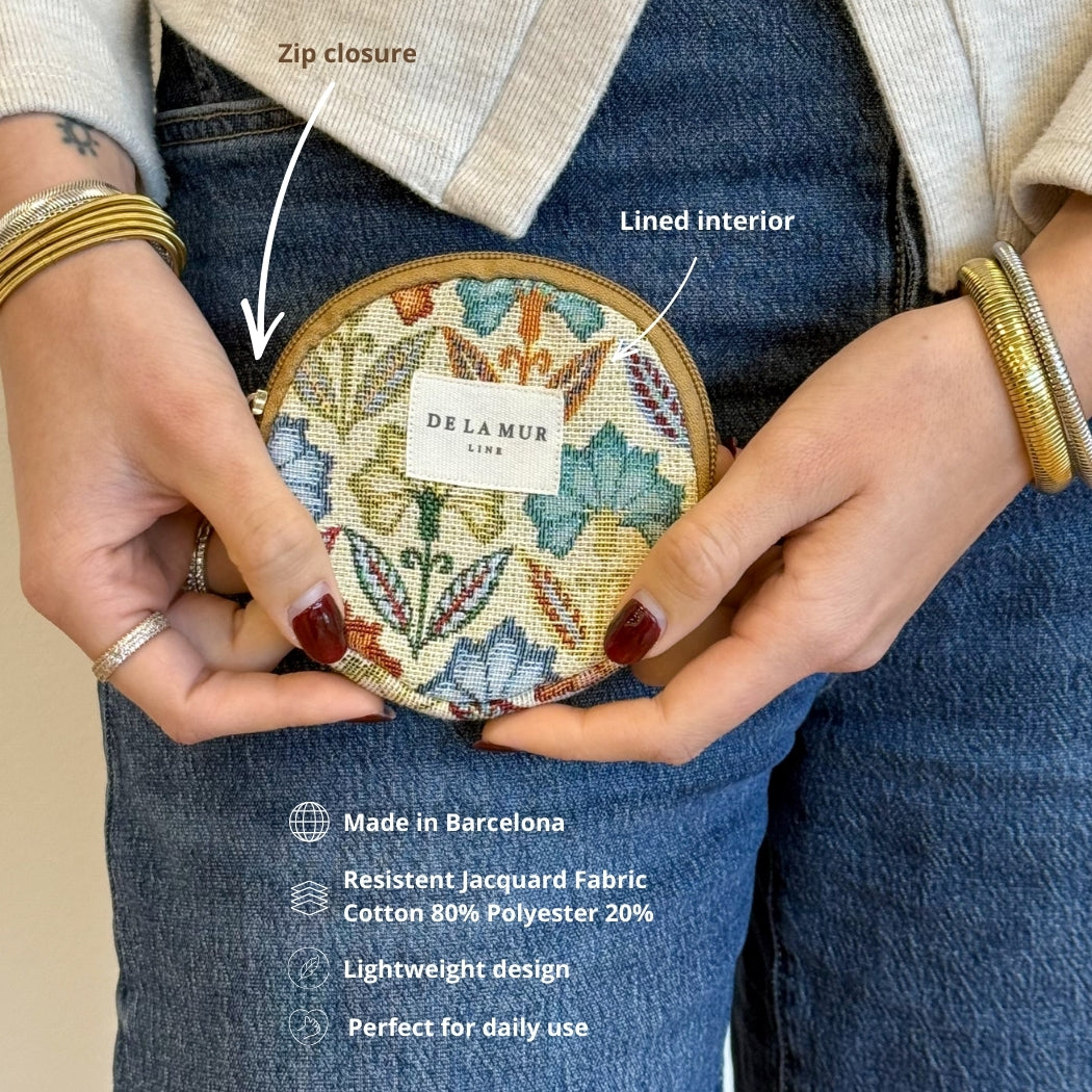 Model holding open DE LA MUR Flora round coin purse, zip and lined interior labeled