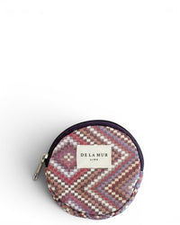 DE LA MUR Nana geometric jacquard round coin purse in pink and lilac, front view