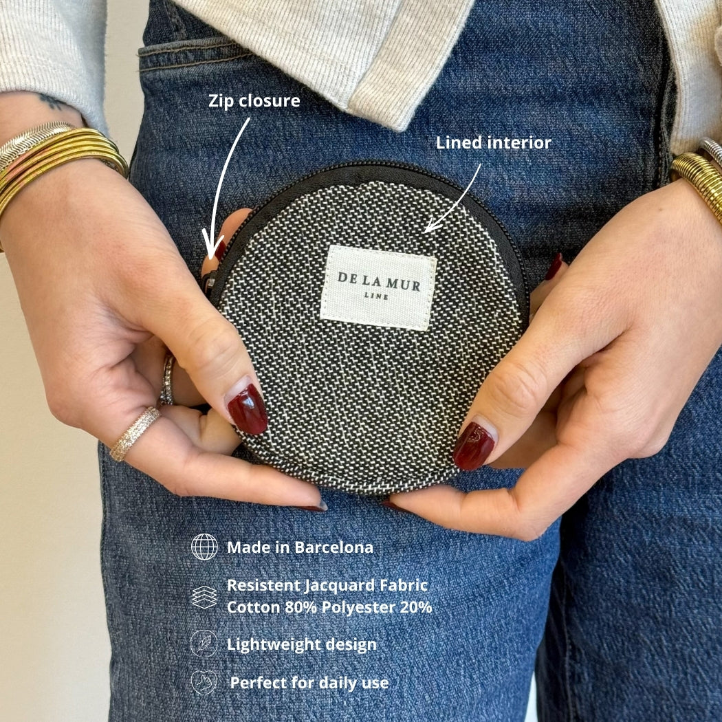 Model holding DE LA MUR Sinay round coin purse, zip and lined interior labeled
