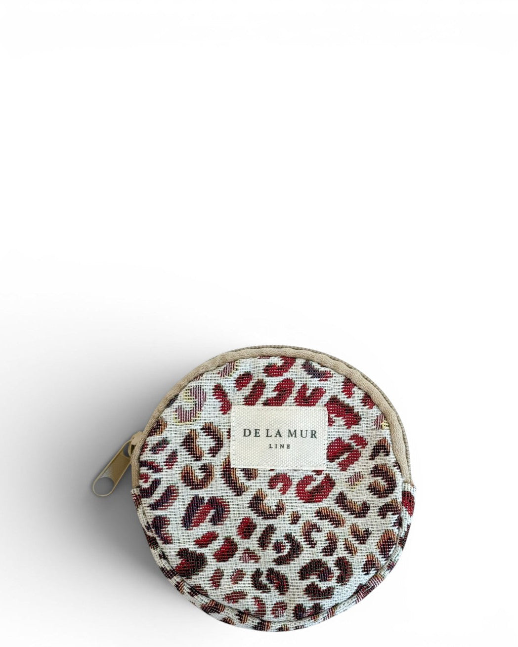 DE LA MUR leopard print jacquard round coin purse in red and tan, front view