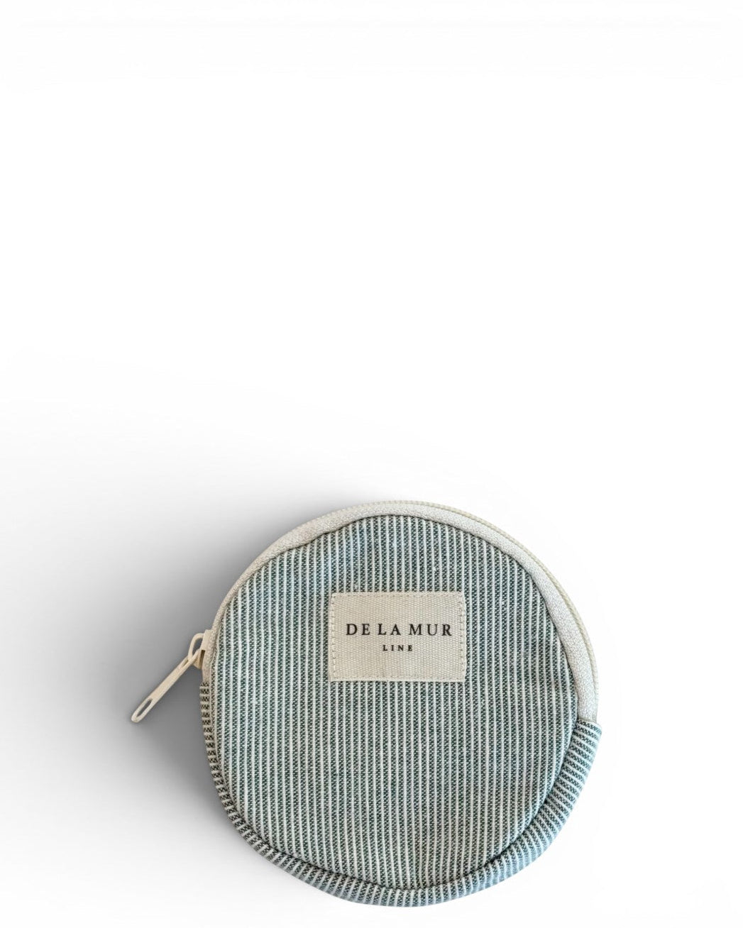 DE LA MUR striped round coin purse in light green and white, front view