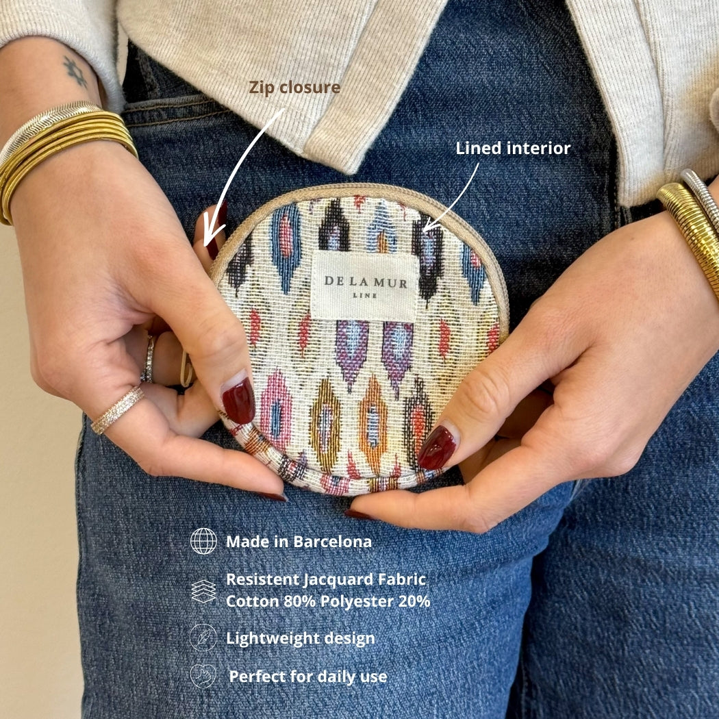 Model holding the DE LA MUR geometric coin purse, features and fabric infographic