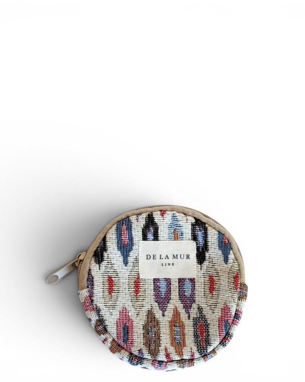 DE LA MUR geometric jacquard round coin purse in pink and lilac, front view