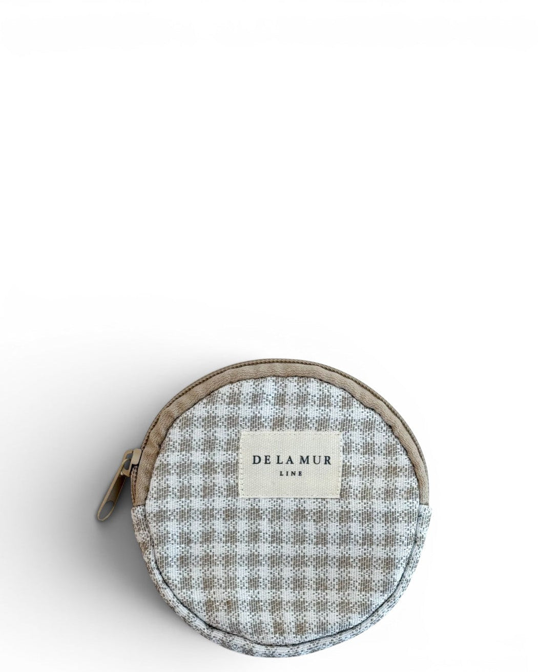 DE LA MUR gingham jacquard round coin purse in beige and off-white, front view