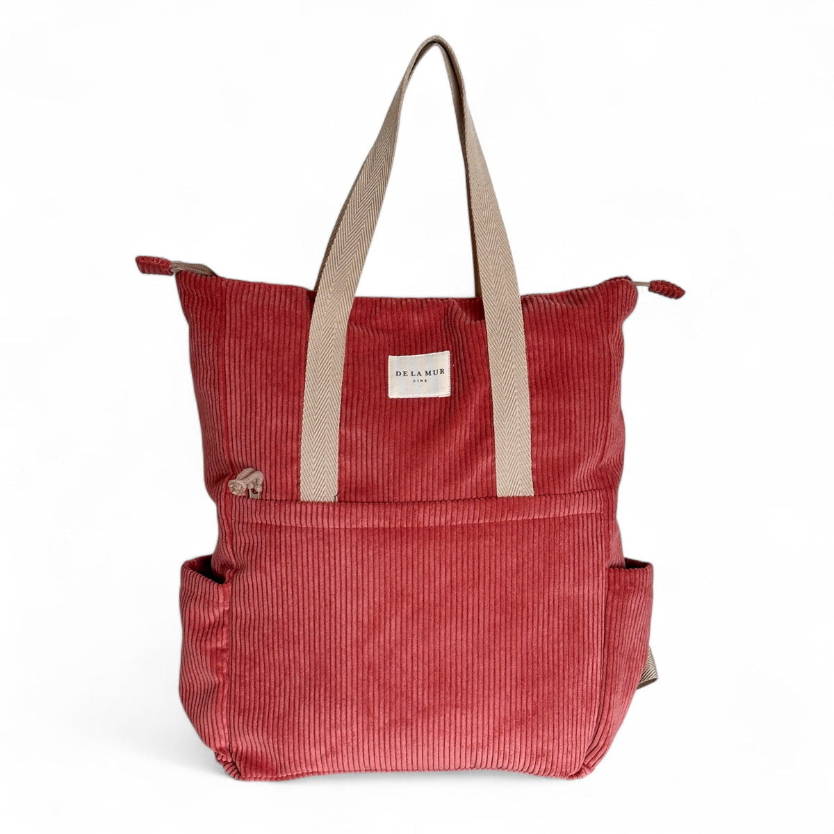 DE LA MUR coral corduroy convertible backpack tote bag with beige straps, front view