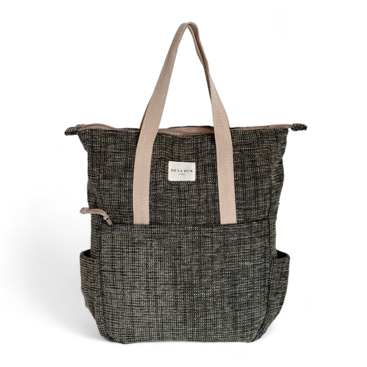 DE LA MUR khaki and green woven backpack tote bag with beige straps, front view