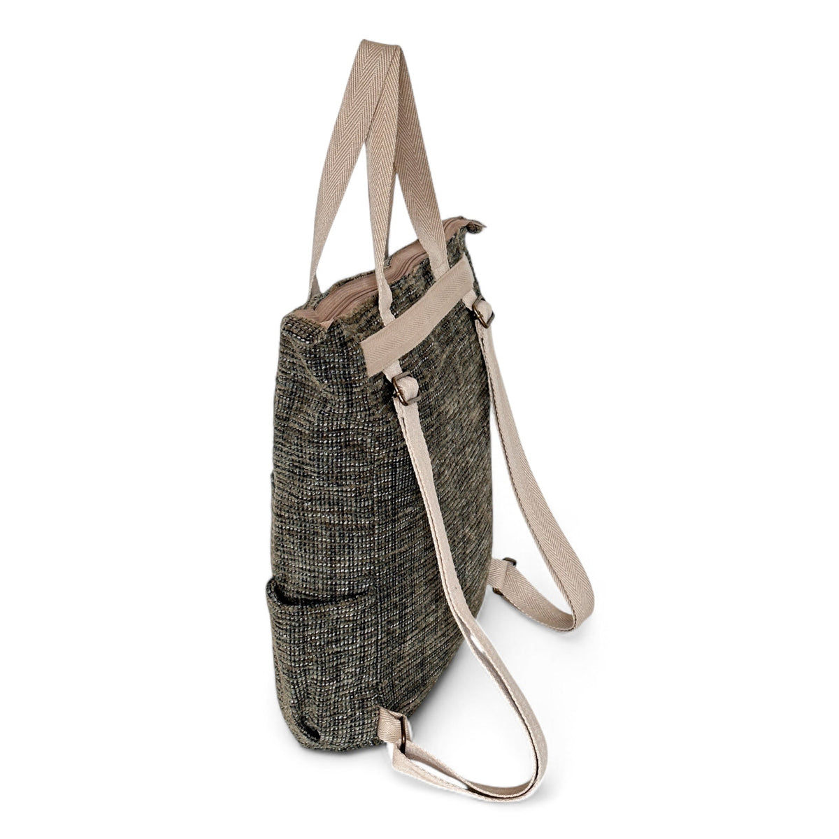 DE LA MUR khaki green backpack, side view showing adjustable straps and side pocket