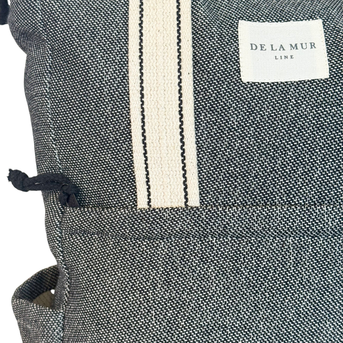 DE LA MUR Sinay bag detail showing striped strap, Line label and zip pocket