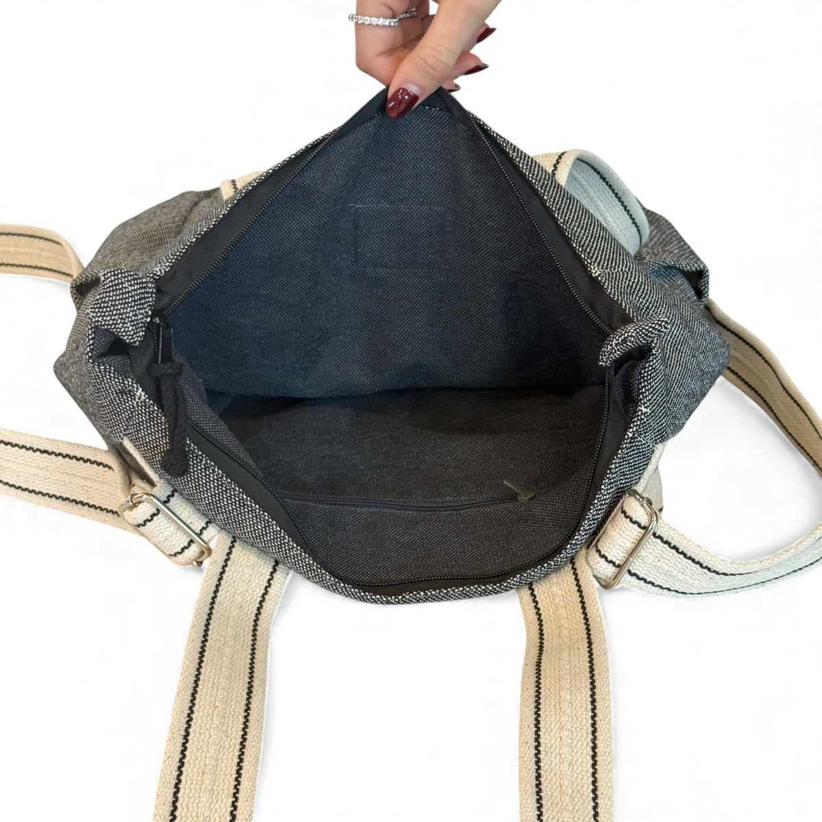 Open DE LA MUR Sinay bag showing the fully lined interior