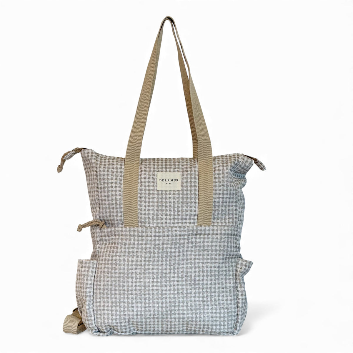 DE LA MUR Vison gingham jacquard backpack tote in beige, front view