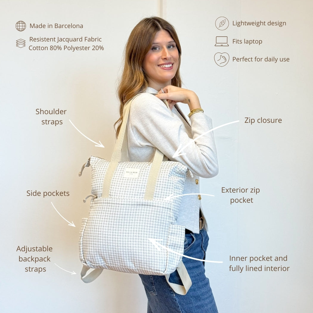 Model carrying the DE LA MUR Vison gingham backpack tote with features infographic