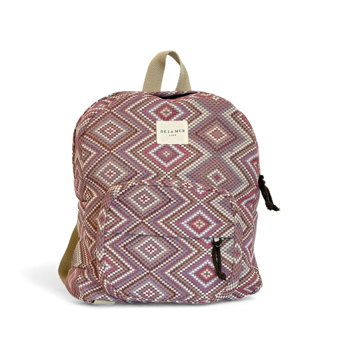 DE LA MUR Nana jacquard backpack in pink and lilac diamond pattern, front view
