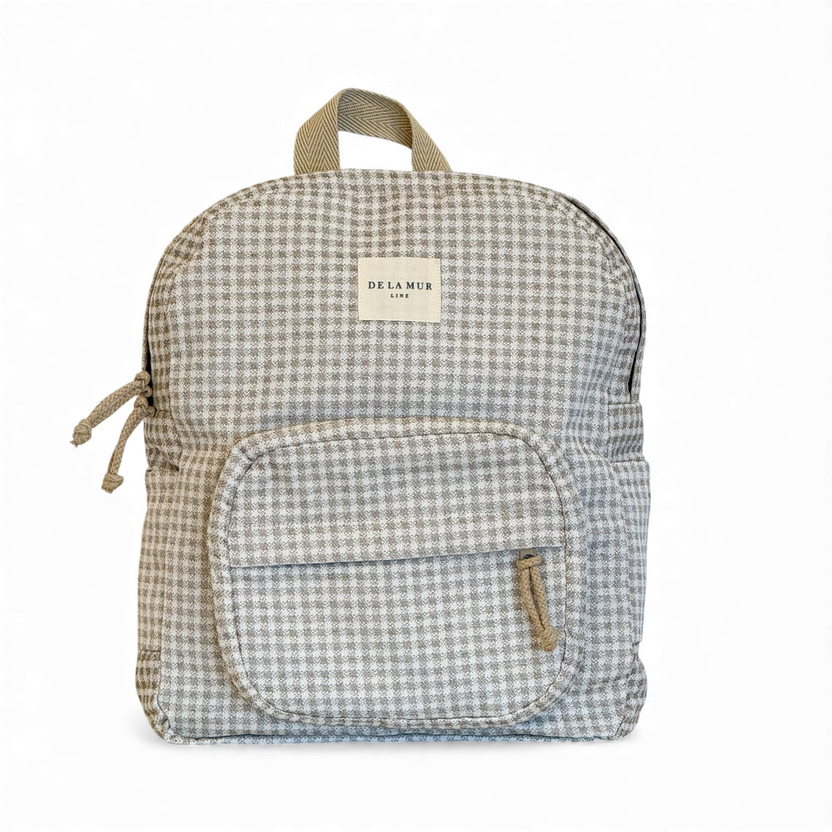 DE LA MUR Vison gingham jacquard backpack in beige and off-white, front view