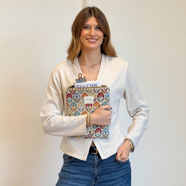 Model with the DE LA MUR Floral Jacquard Book Cover With Matching Bookmark – Multicolor (Flora)