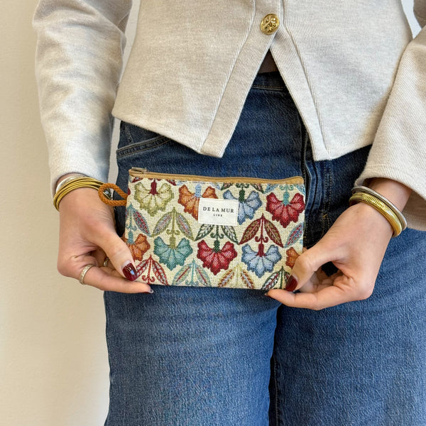 Model with the DE LA MUR Floral Jacquard Small Makeup Bag / Coin Purse – Multicolor (Flora)