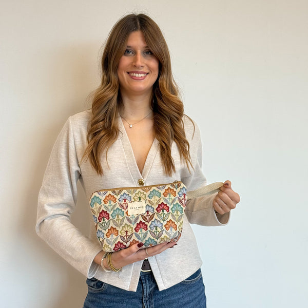 Model with the DE LA MUR Floral Jacquard Large Makeup Bag – Multicolor (Flora)
