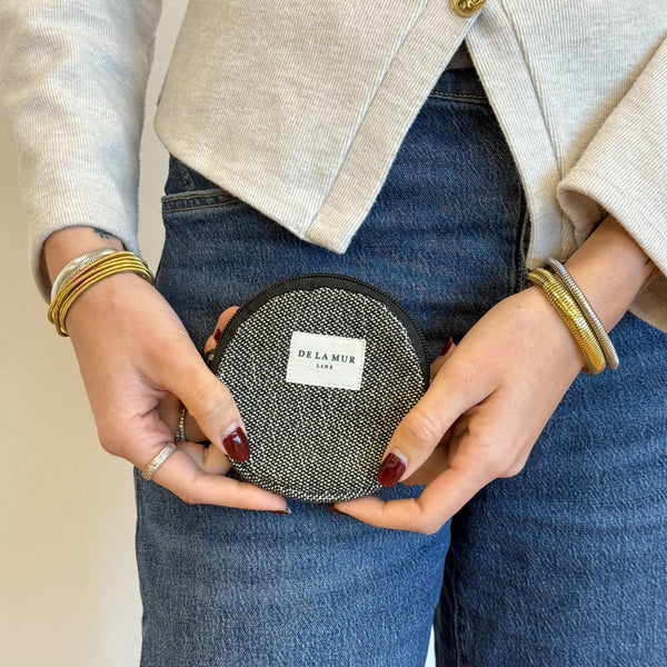 Model with the DE LA MUR Geometric Jacquard Round Coin Purse – Navy & Cream (Sinay)