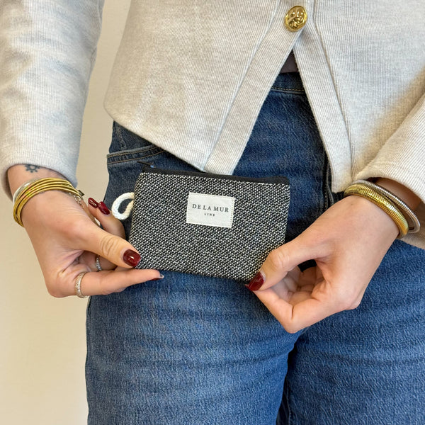 Model with the DE LA MUR Geometric Jacquard Coin Purse – Navy & Cream (Sinay)