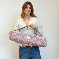Model with the DE LA MUR Geometric Jacquard Yoga Mat Bag – Pink & Lilac (Nana)