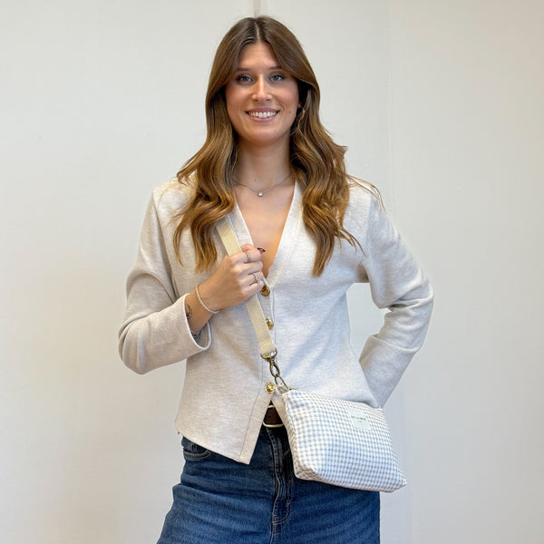Model with the DE LA MUR Gingham Jacquard Clutch Handbag – Beige & Ecru (Vison)