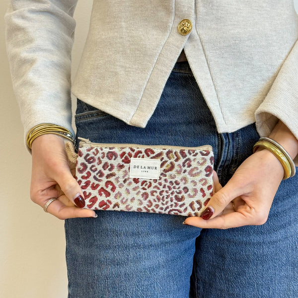 Model with the DE LA MUR Leopard Jacquard Glasses Case – Burgundy & Cream (Talco)