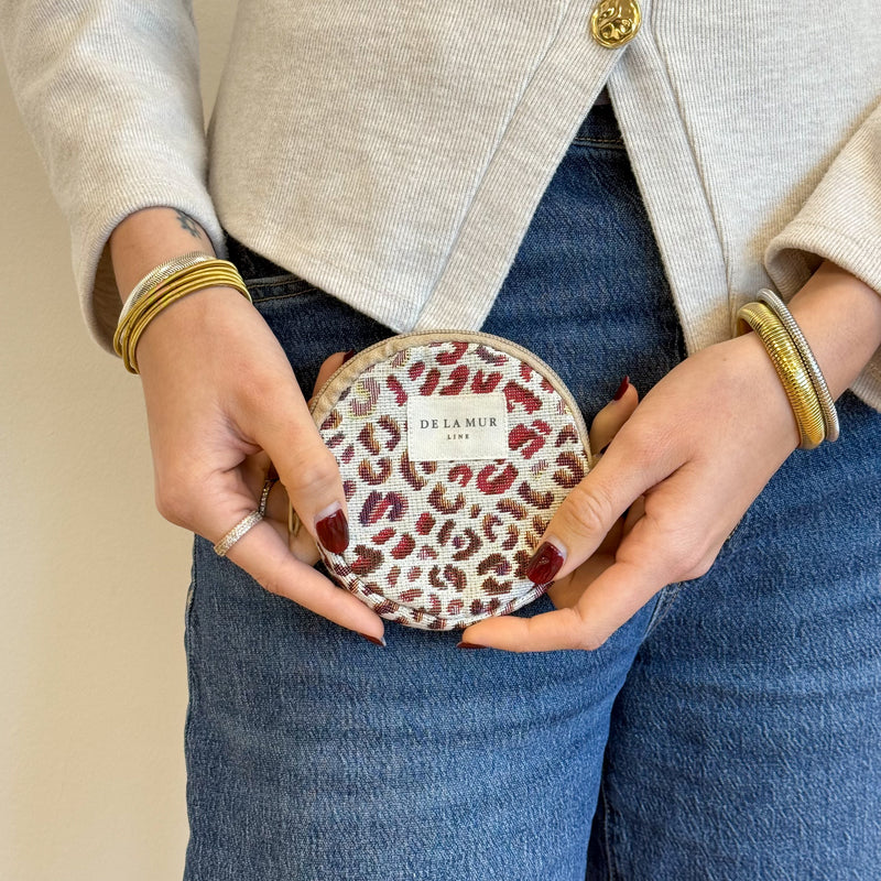Model with the DE LA MUR Leopard Jacquard Round Coin Purse – Burgundy & Cream (Talco)