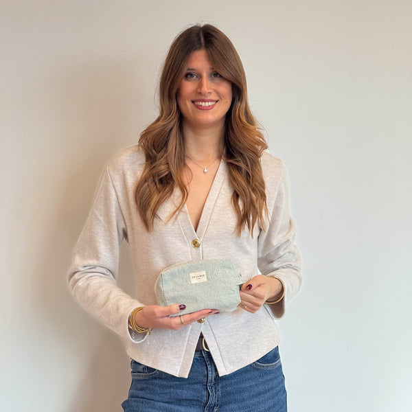 Model with the DE LA MUR Striped Squared Makeup Bag – Light Green & Green (Teo)