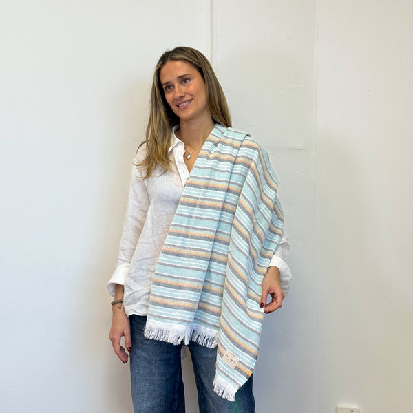 Model with the DE LA MUR Striped Towel – Aqua & Multicolor (Tuna)