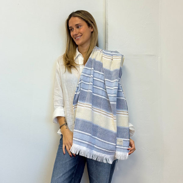 Model with the DE LA MUR Striped Towel – Blue & Mustard (Tarida)