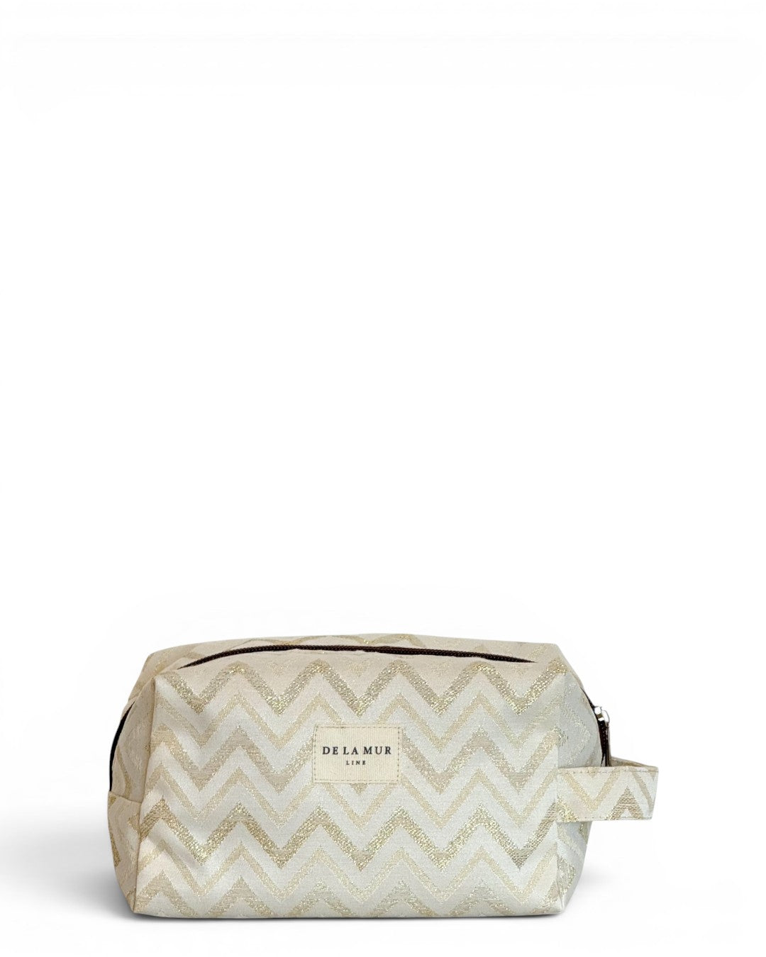 DE LA MUR Zigzag Squared makeup bag in gold and off-white chevron, front view