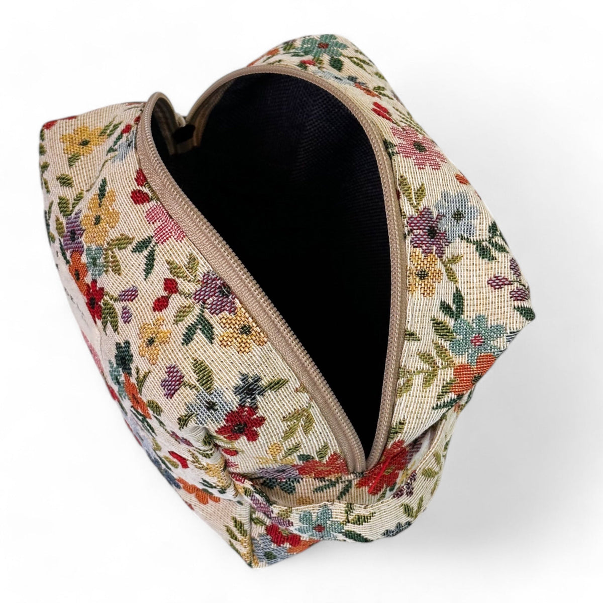 Open DE LA MUR floral jacquard squared makeup bag showing dark lined interior