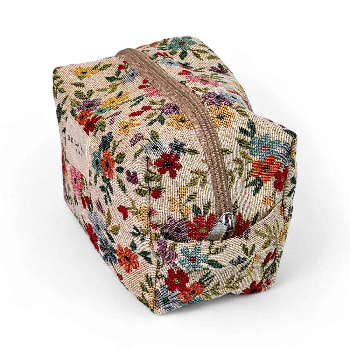 DE LA MUR floral jacquard squared makeup bag, three-quarter view showing side handle