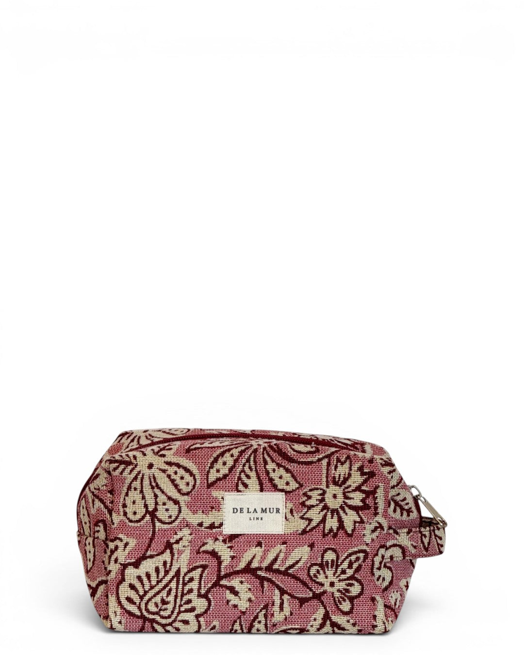 DE LA MUR floral jacquard squared makeup bag in ecru and pink, front view