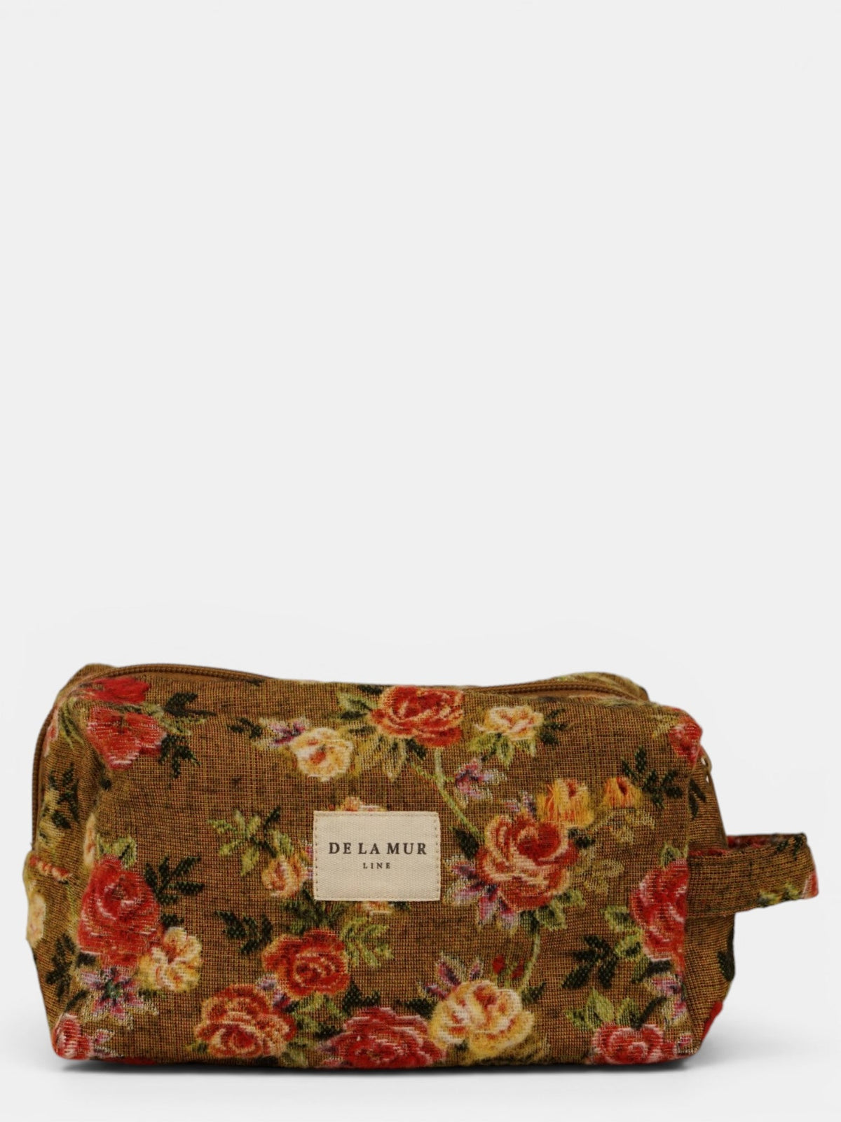 DE LA MUR Esme floral jacquard squared makeup bag in mustard and red, front view