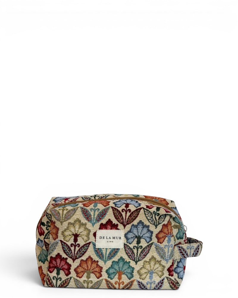 DE LA MUR floral jacquard squared makeup bag in multicolor, front view