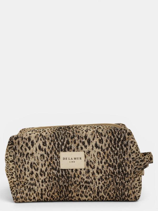 DE LA MUR Leopard Jacquard squared makeup bag in beige and black, front view