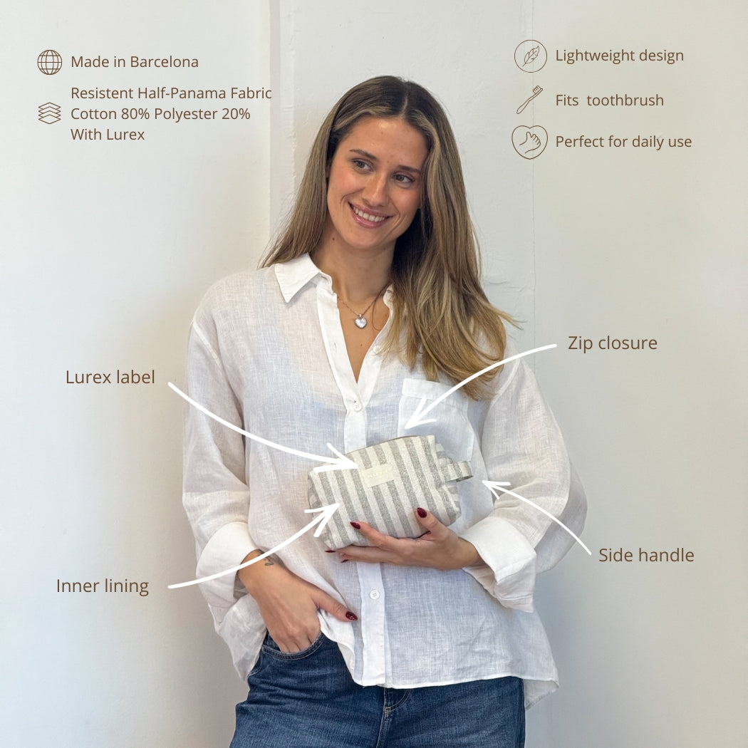 Model holding DE LA MUR Lugris makeup bag with features and fabric infographic