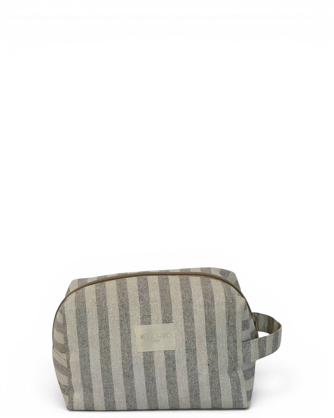 DE LA MUR Lugris striped makeup bag in ecru and gray, front view