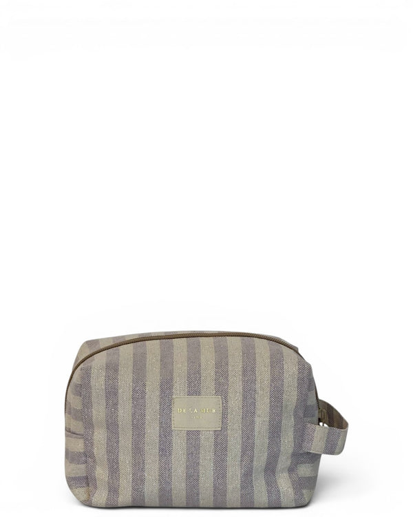 DE LA MUR Lulil striped makeup bag in lilac and gold, front view