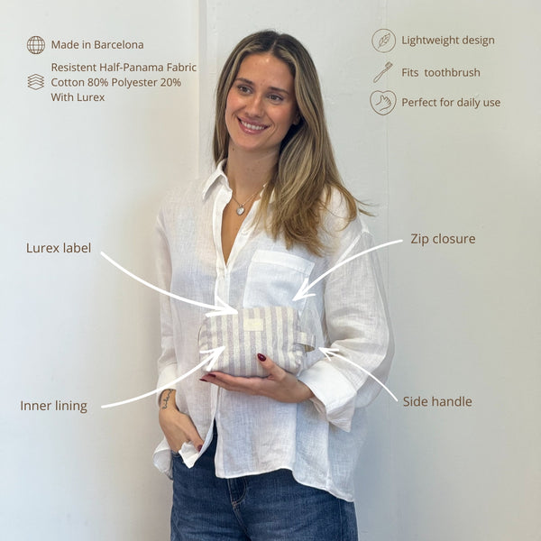 Model holding DE LA MUR Lulil makeup bag with features and fabric infographic