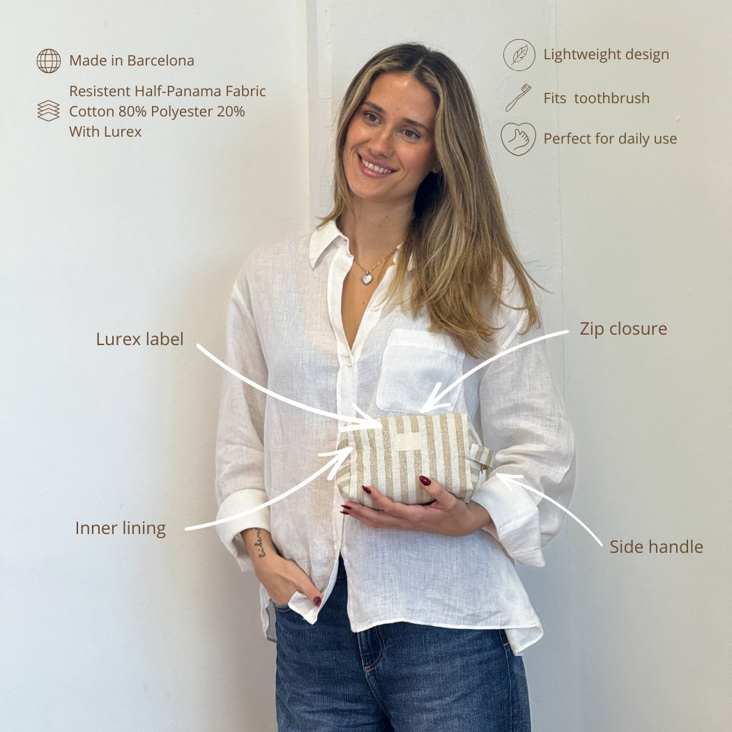 Model holding DE LA MUR Lumos makeup bag with features and fabric infographic