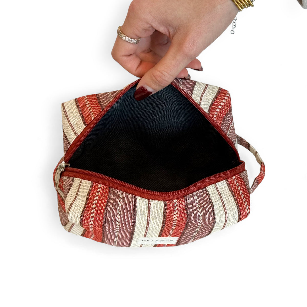 Striped Jacquard Squared Makeup Bag – Burgundy & Cream (Make)
