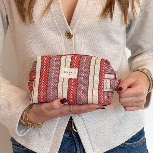 Striped Jacquard Squared Makeup Bag - Burgundy & Lilac (Make)