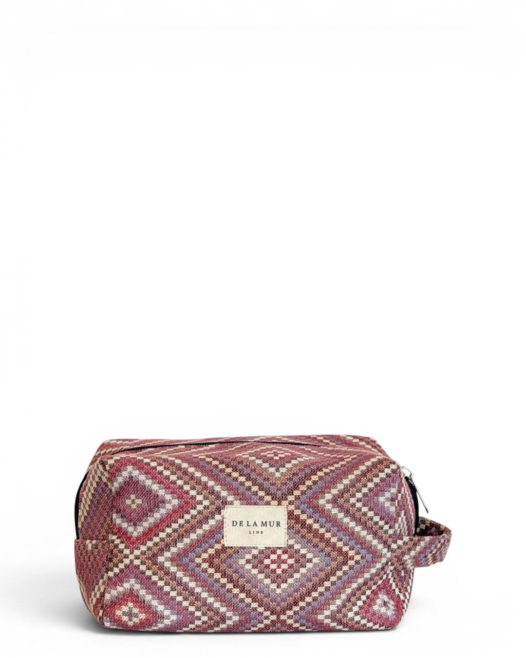 DE LA MUR Nana geometric jacquard makeup bag in pink and lilac, front view