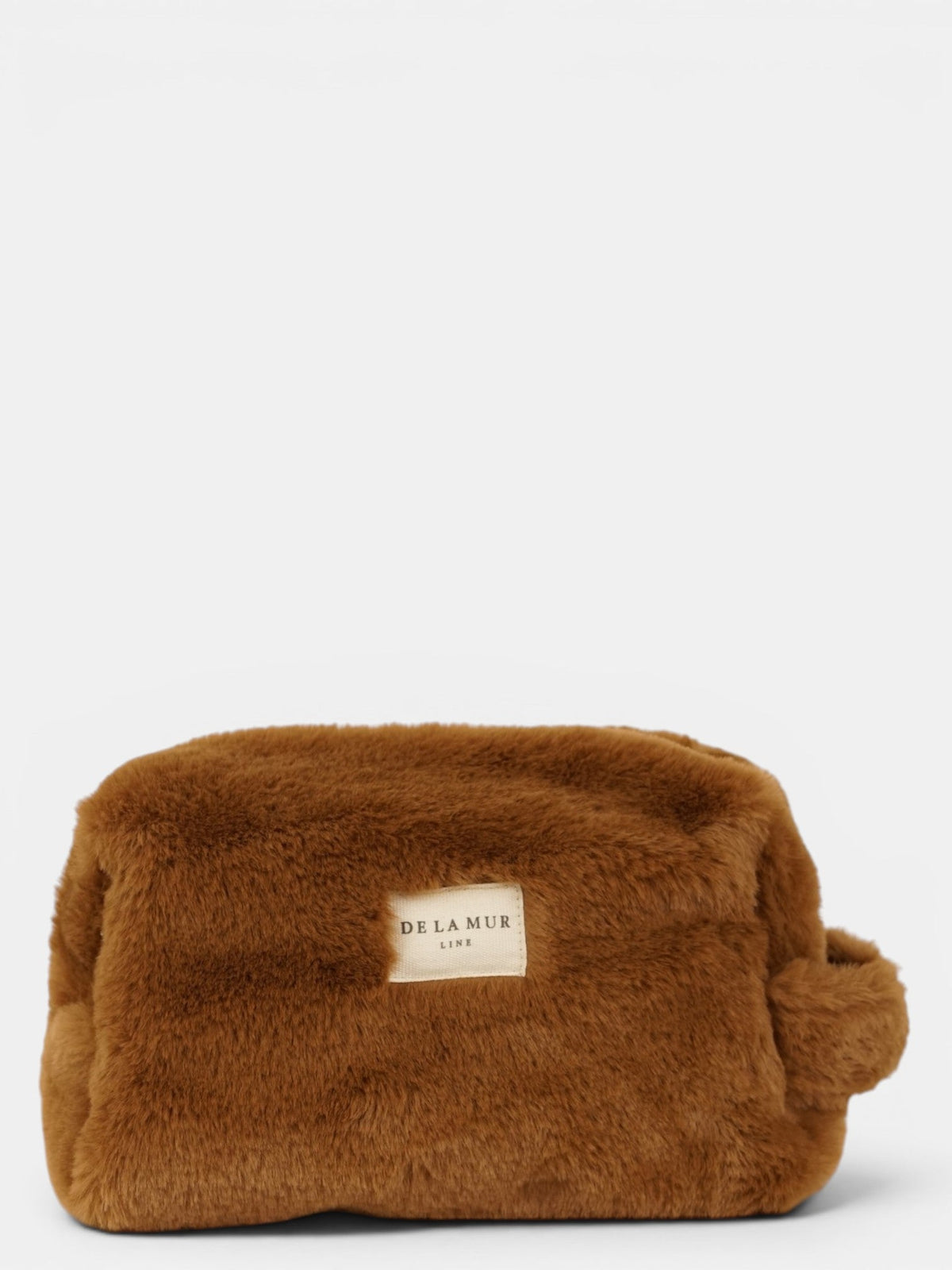 DE LA MUR faux fur squared makeup bag in camel brown, front view